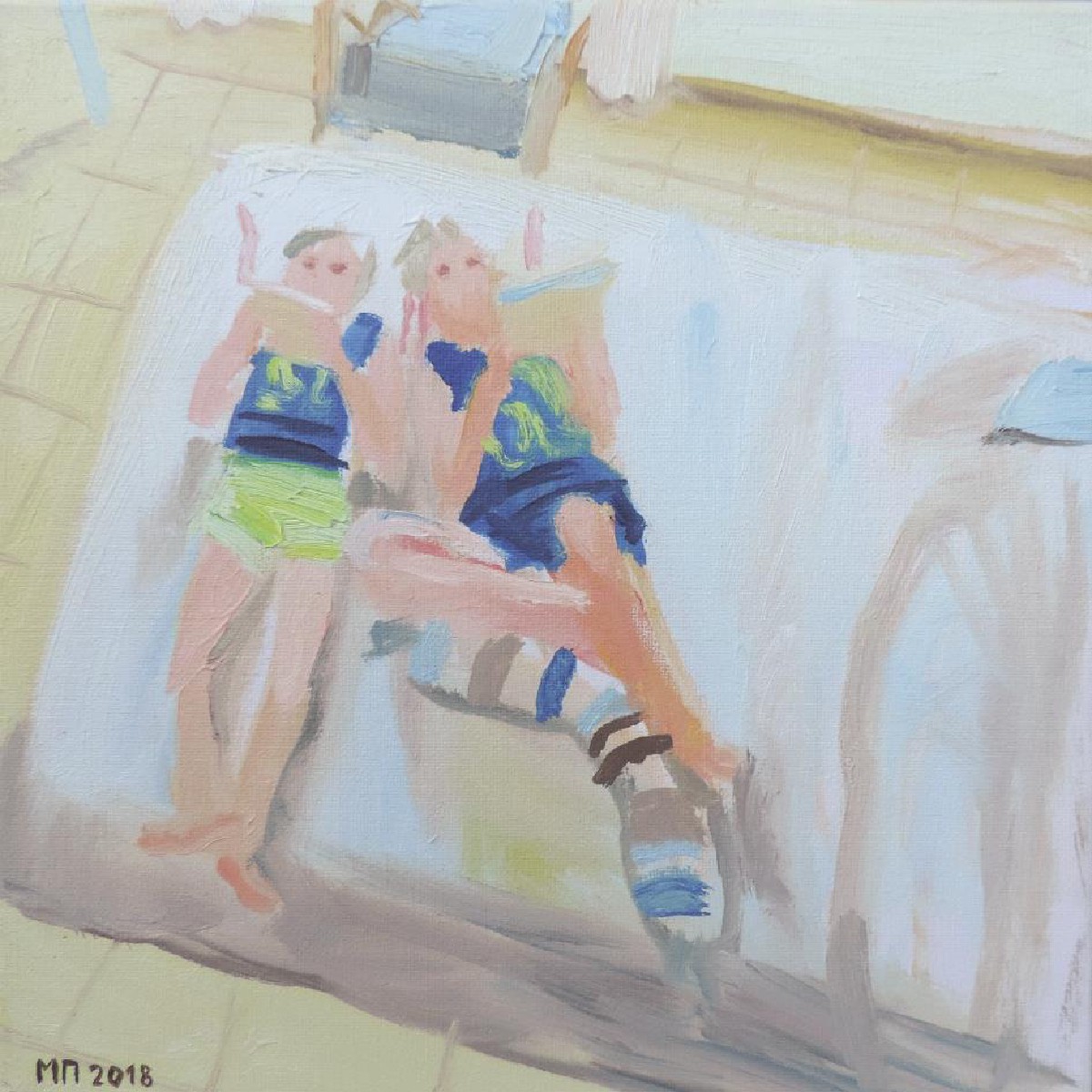 boys with ipads 2018 oil on canvas 30x30cm