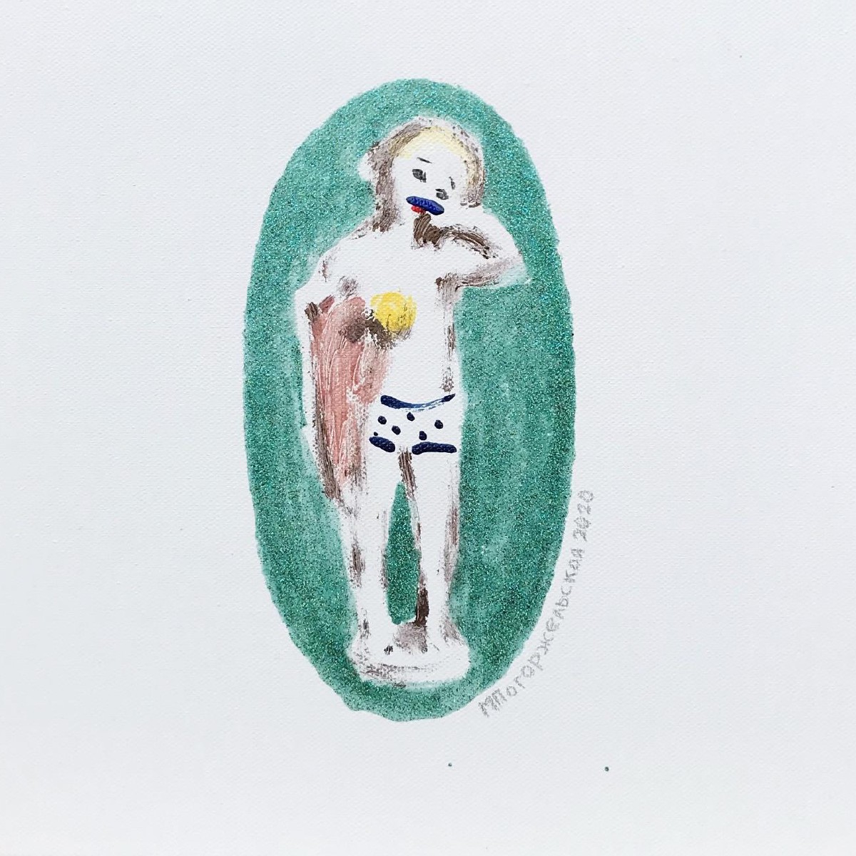 Boy brushing teeth,30x30cm, mixed media(nail polish,eye shadow,oil on canvas), 2020
