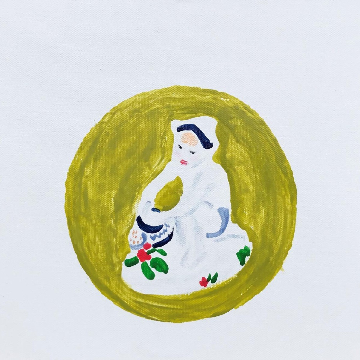 Boy pouring flowers,30x30cm, mixed media(nail polish,eye shadow,oil on canvas), 2021