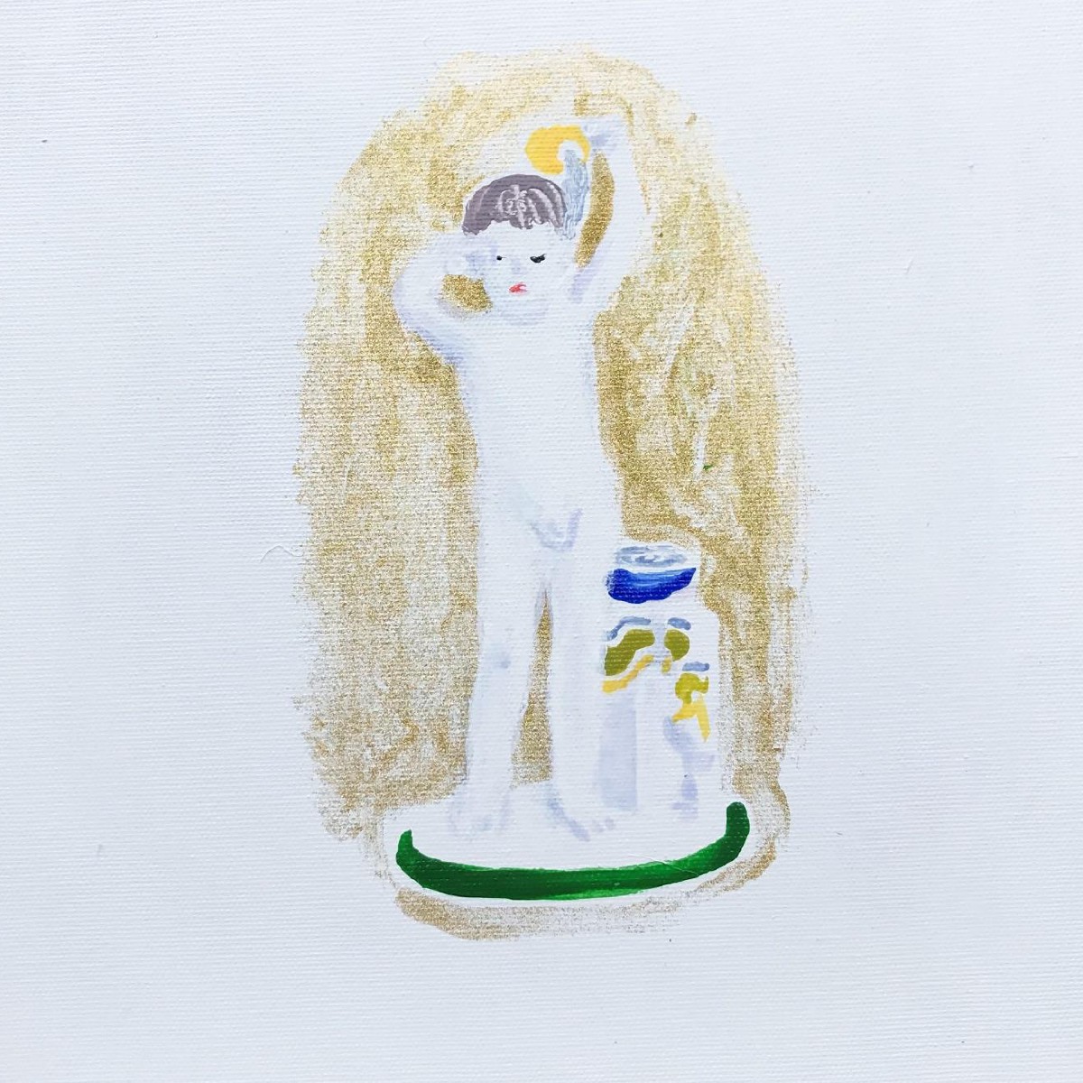 Boy pouring from a mug,30x30cm, mixed media(nail polish,eye shadow,oil on canvas), 2021