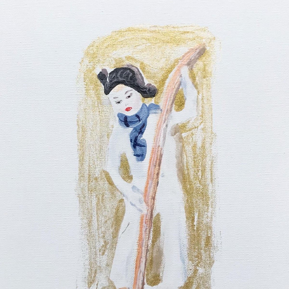 Boy with skis,40x30cm, mixed media(nail polish,eye shadow,oil on canvas), 2021