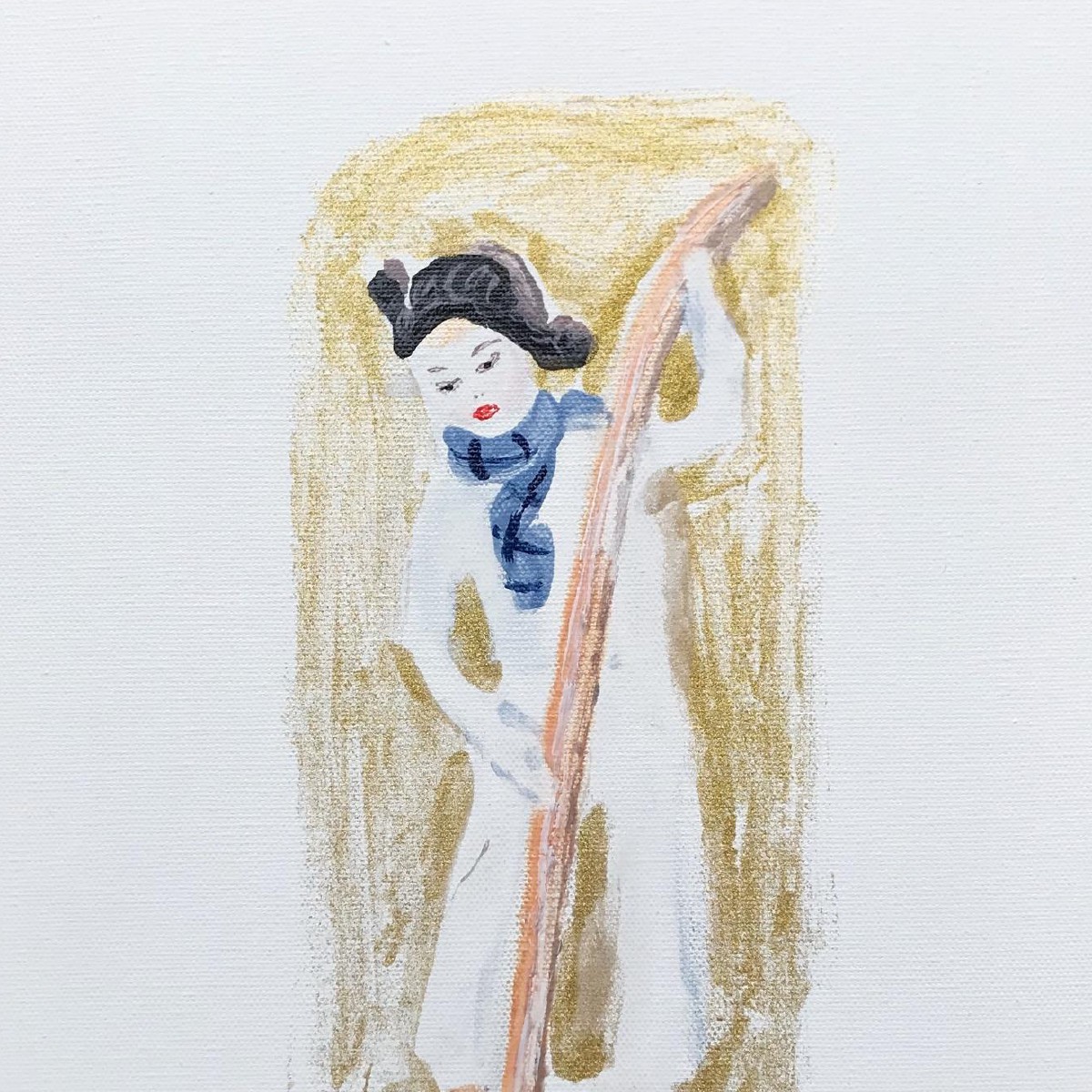 Boy with skis,40x30cm, mixed media(nail polish,eye shadow,oil on canvas), 2021