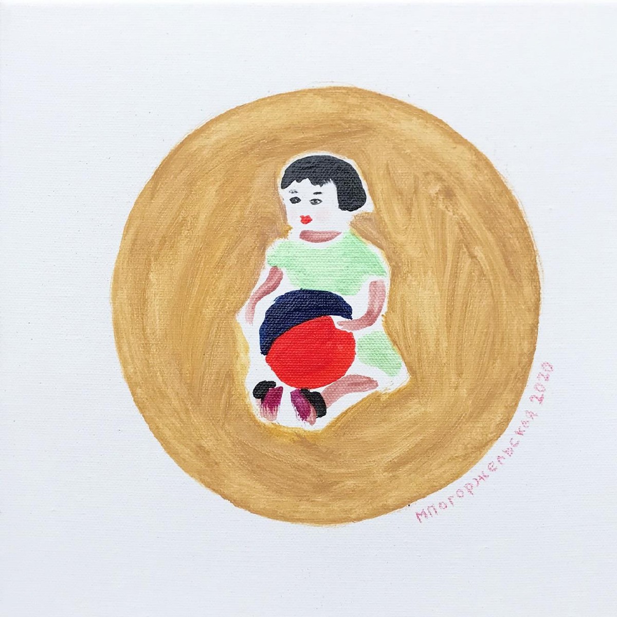 Doll with ball,30x30cm,mixed media(nail polish,eye shadow,oil on canvas), 2020