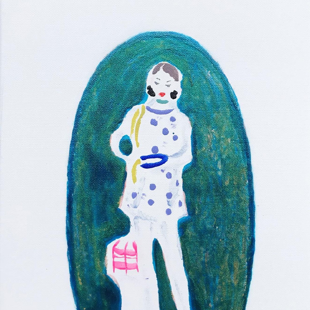 Girl with a plate,40x30cm, mixed media(nail polish,eye shadow,oil on canvas), 2021