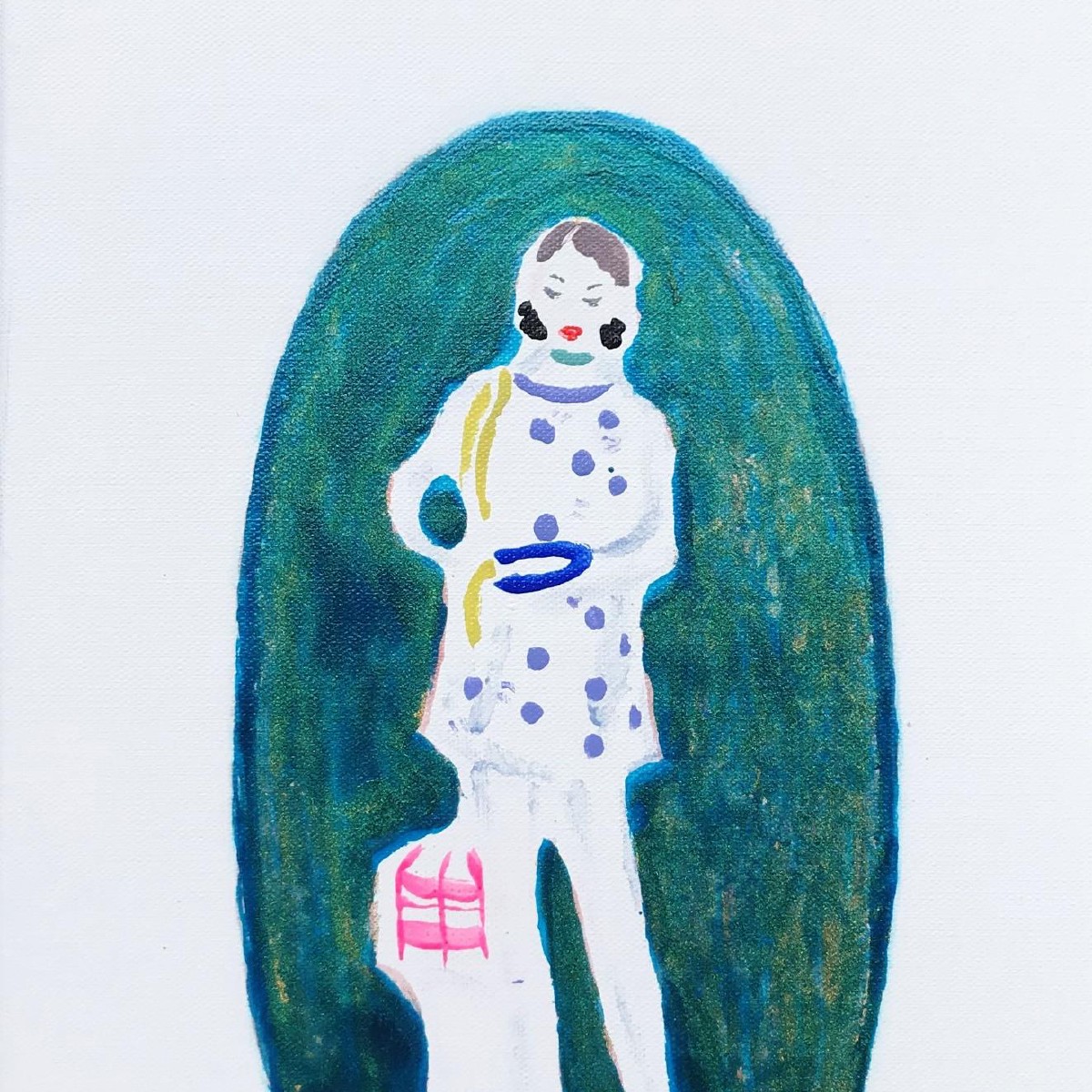 Girl with a plate,40x30cm, mixed media(nail polish,eye shadow,oil on canvas), 2021