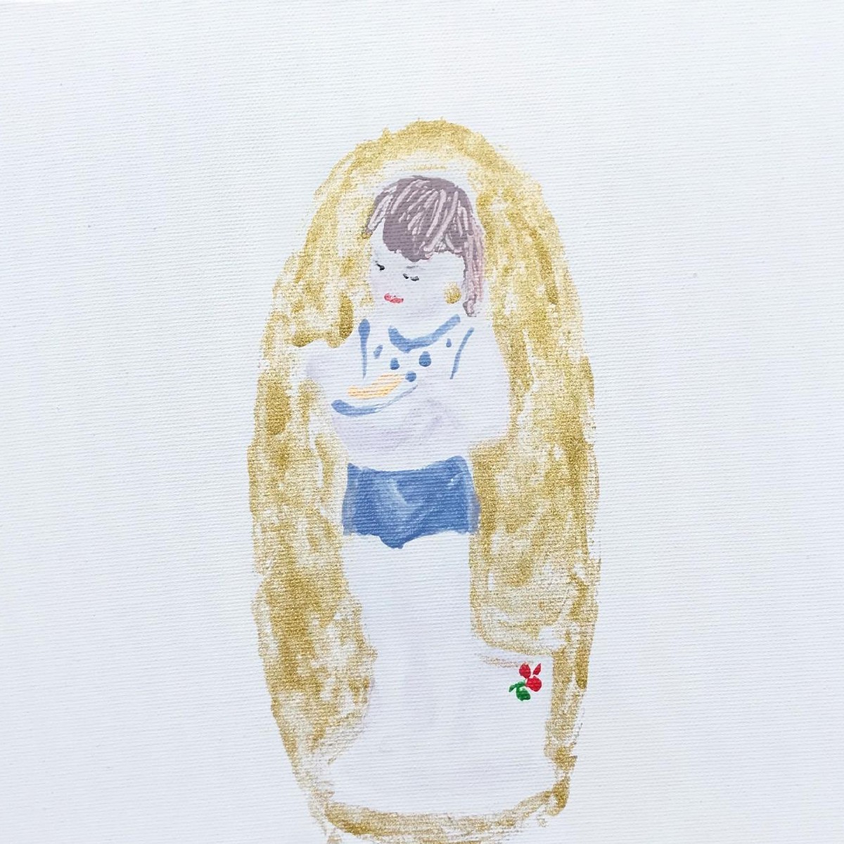 Girl with golden fish,30x30cm,mixed media(nail polish,eye shadow,oil on canvas), 2021