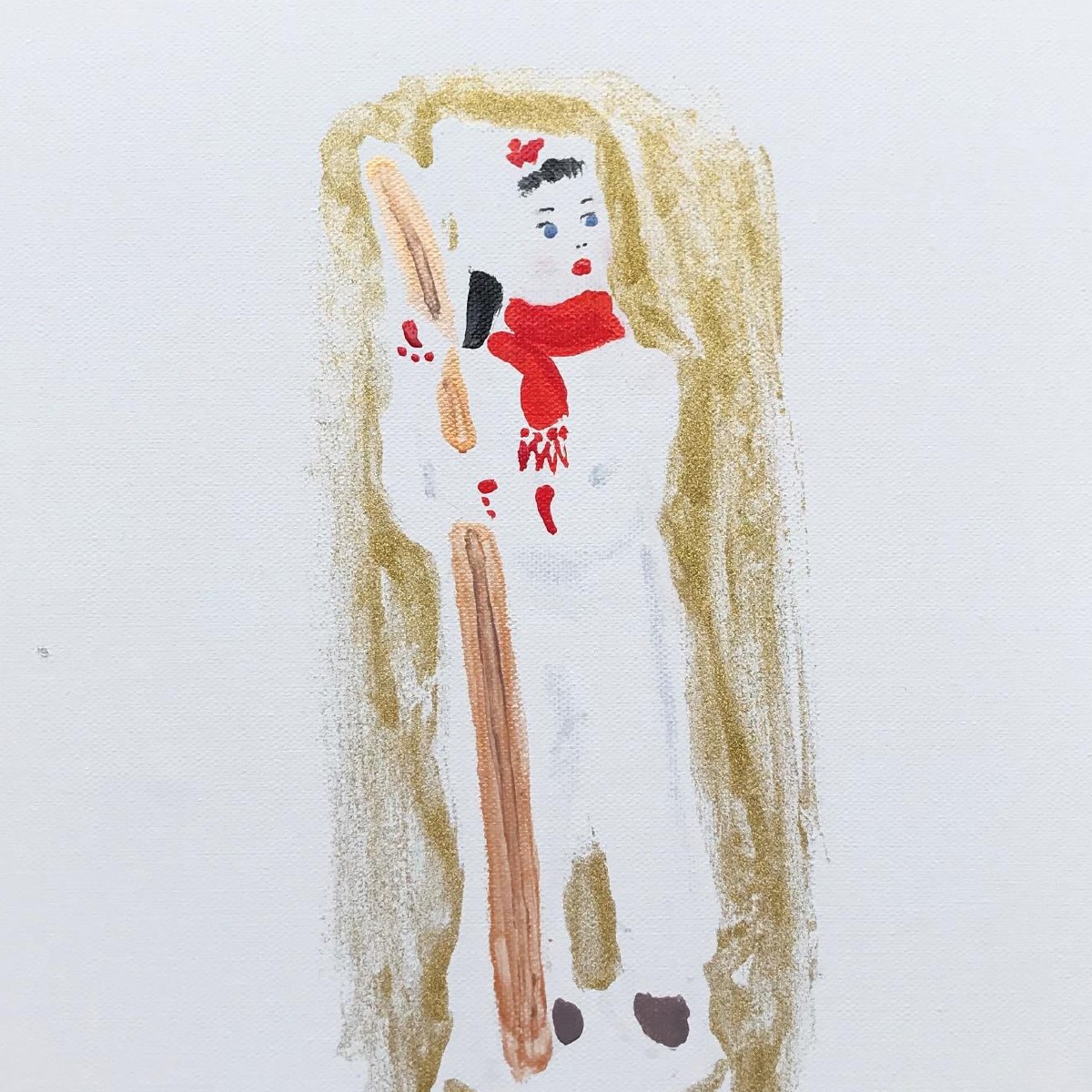 Girl with skis,40x30cm, mixed media(nail polish,eye shadow,oil on canvas), 2021