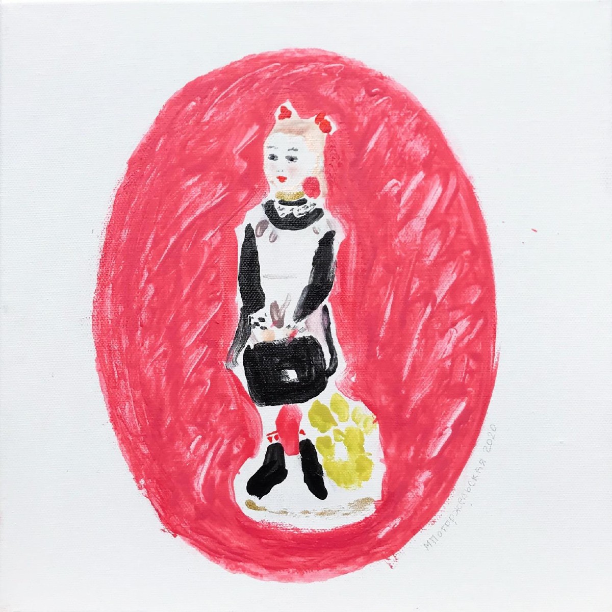 School girl with a bag,30x0cm, mixed media(nail polish,eye shadow,oil on canvas), 2020