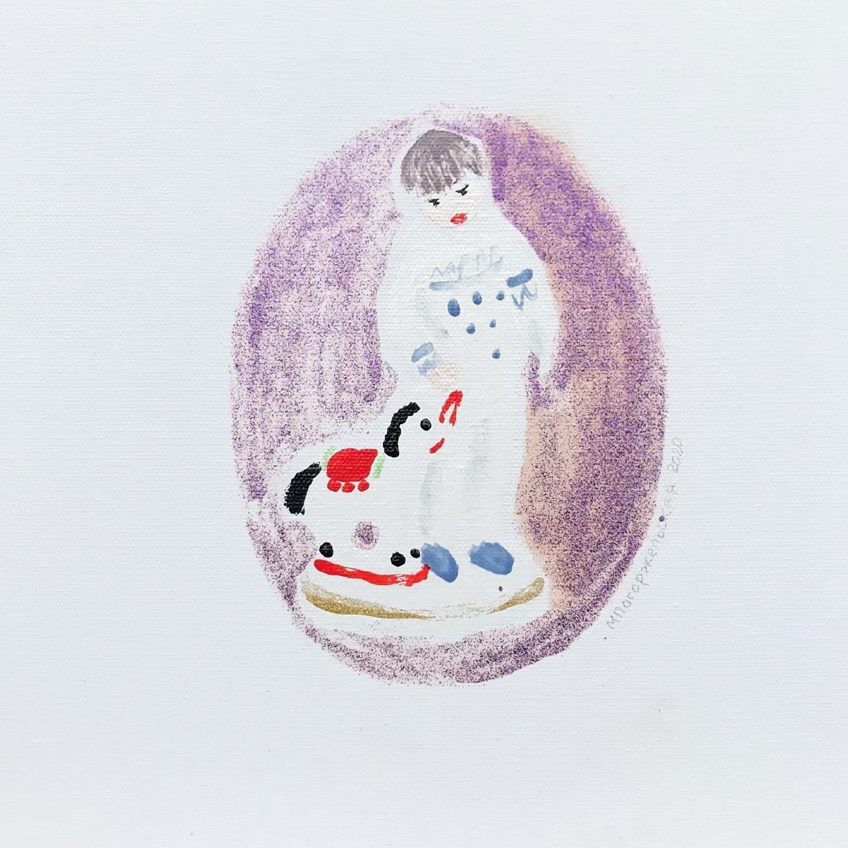 Small boy with toy horse,30x30cm, mixed media(nail polish,eye shadow,oil on canvas), 2020