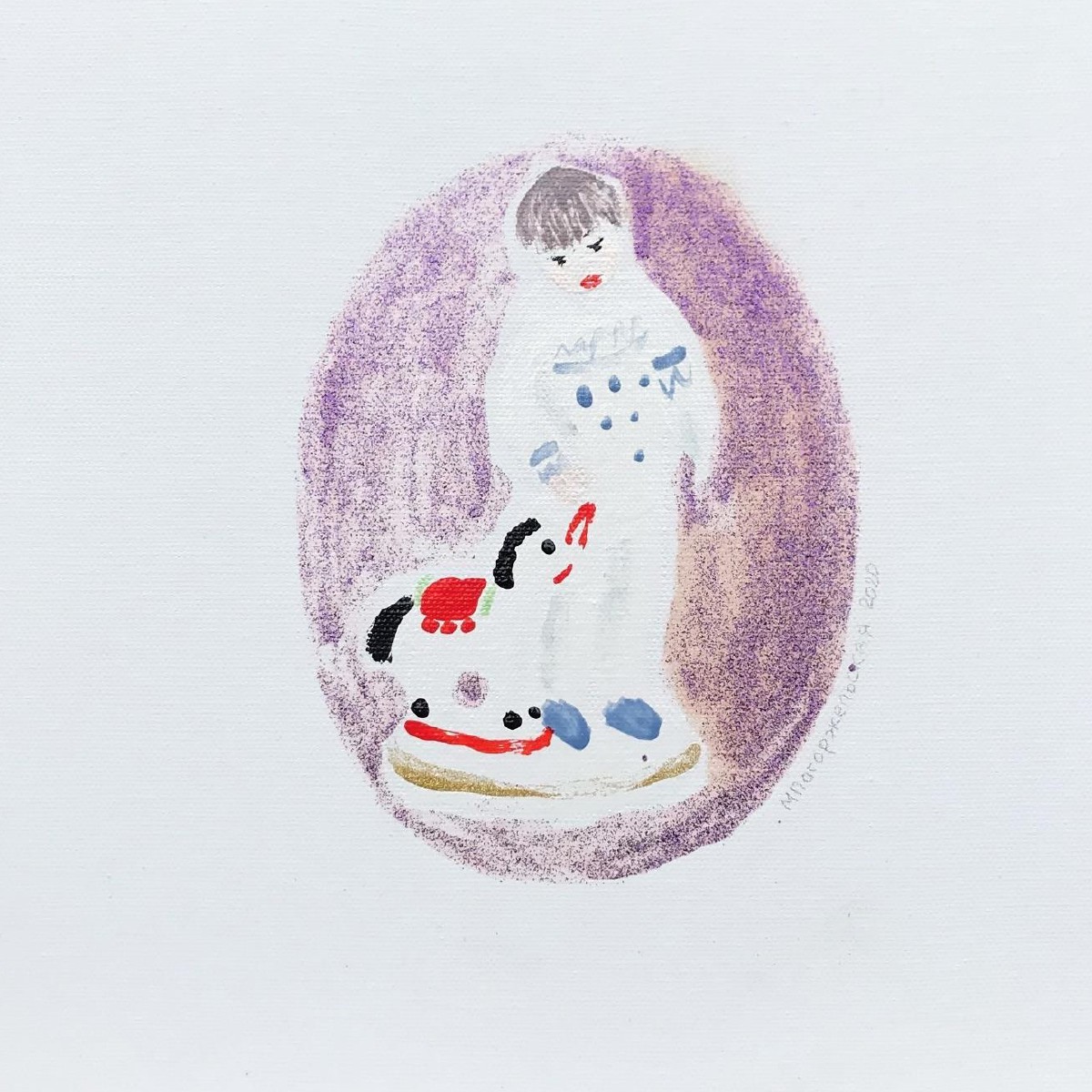 Small boy with toy horse,30x30cm, mixed media(nail polish,eye shadow,oil on canvas), 2020