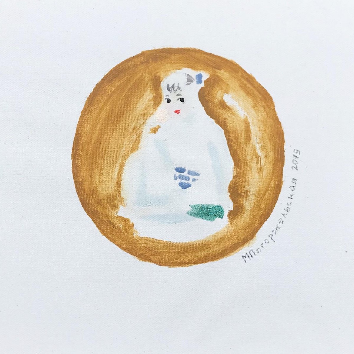 Small girl with a shell,30x30cm, mixed media(nail polish,eye shadow,oil on canvas), 2020