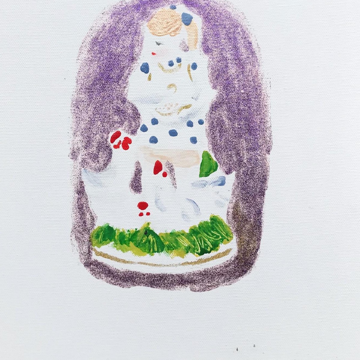 Small girl with hens,40x30cm, mixed media(nail polish,eye shadow,oil on canvas), 2021