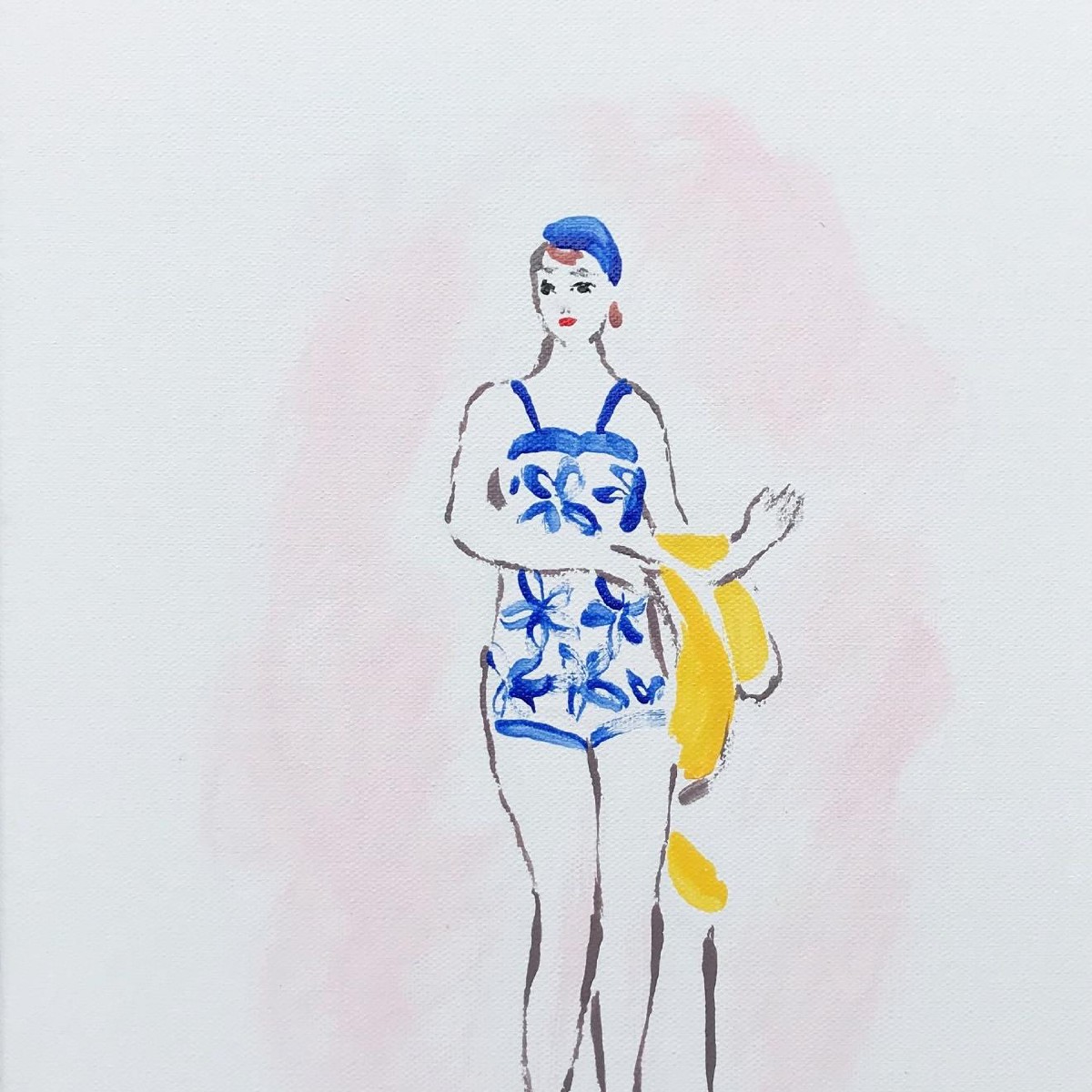 Woman in a swimming suit,40x30cm, mixed media(nail polish,eye shadow,oil on canvas), 2021