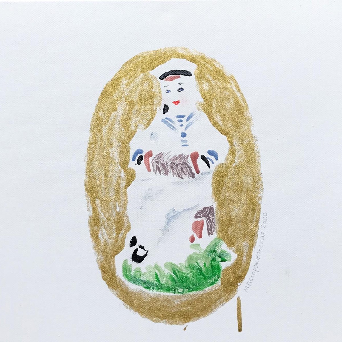 Young sailor with accordion,30x30cm, mixed media(nail polish,eye shadow,oil on canvas), 2020