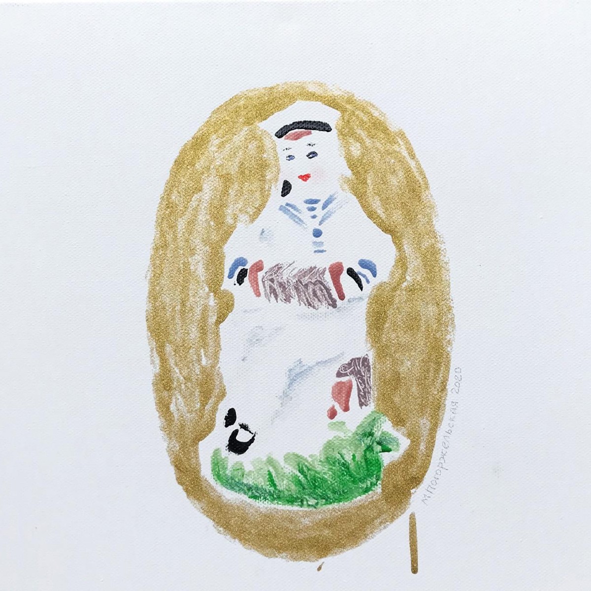 Young sailor with accordion,30x30cm, mixed media(nail polish,eye shadow,oil on canvas), 2020