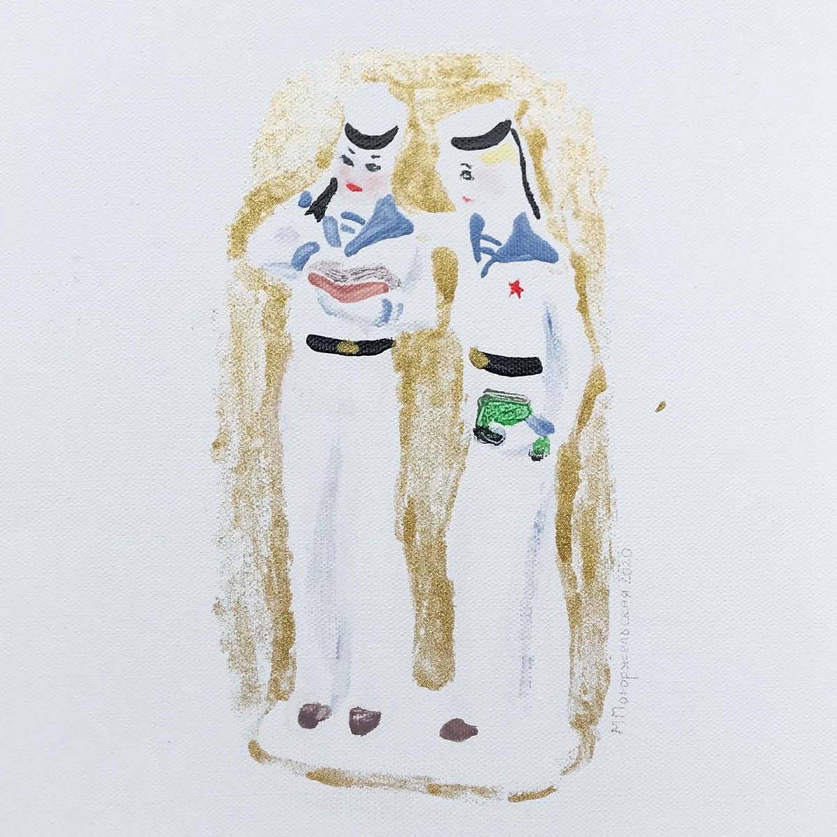 Young sailors reading book,40x30cm, mixed media(nail polish,eye shadow,oil on canvas), 2021