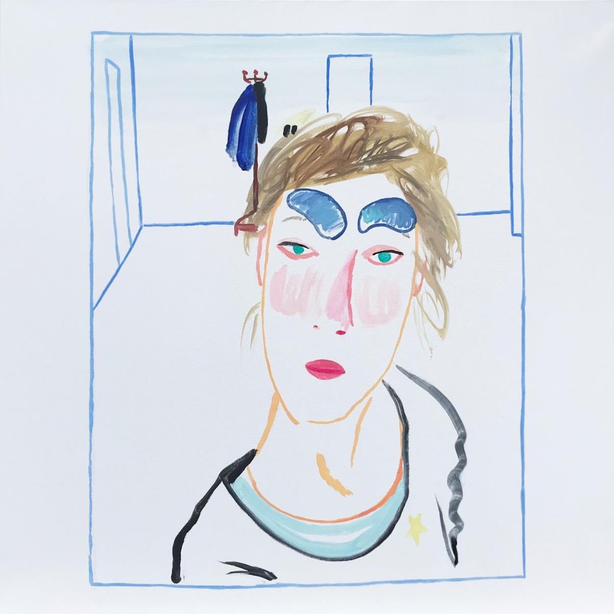 Girl with blue eye patches and a hanger,100x100cm,oil on canvas, 2021