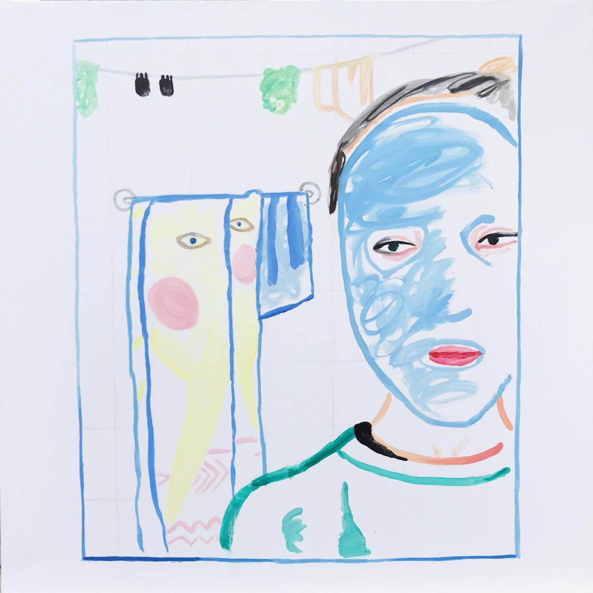 Girl with blue mask and big towel,100x100cm,oil on canvas, 2021