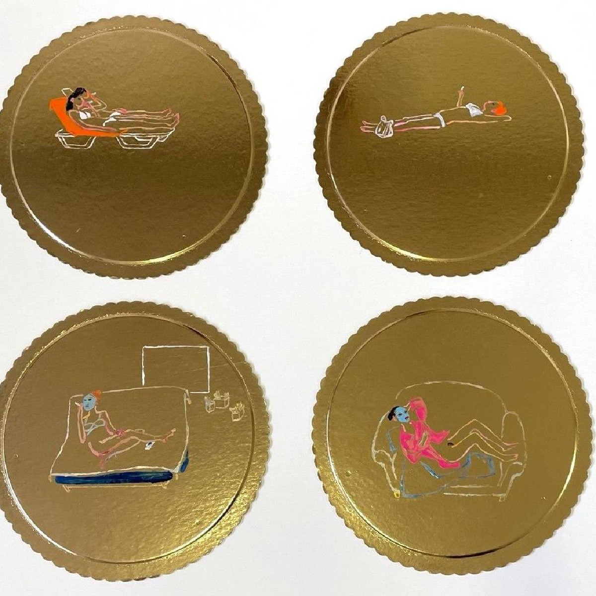 Golden Life,4 pieces,D45x45 cm each,nail polish on golden cake stand,2024